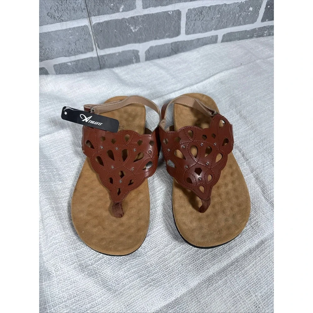 Athlefit Womens Orthotic Slingback Sandals Brown Laser Cut Thong Size 9.5 NEW‎